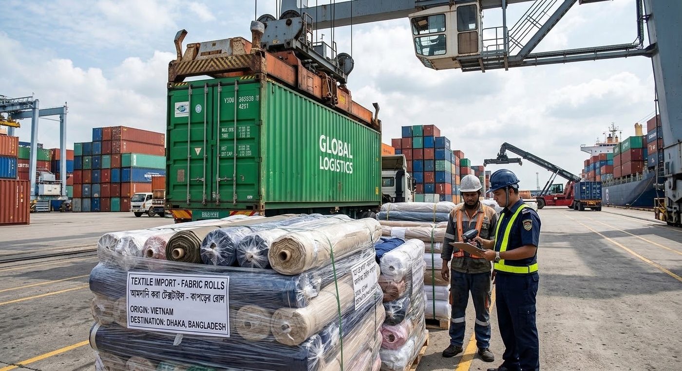Port workers inspecting an imported textile shipment of fabric rolls beside a shipping container