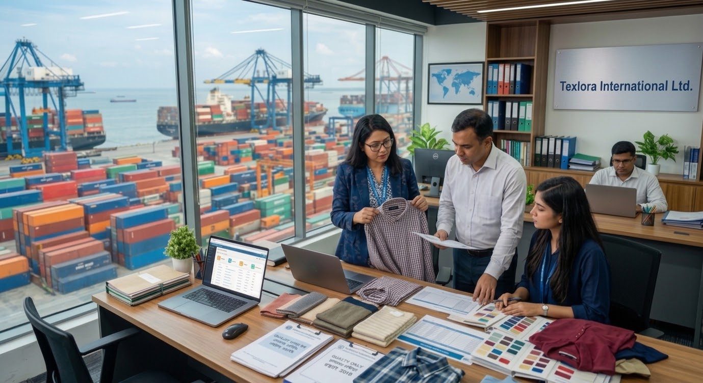 Texlora International team reviewing fabric swatches and samples in the office, with a container port visible through the window