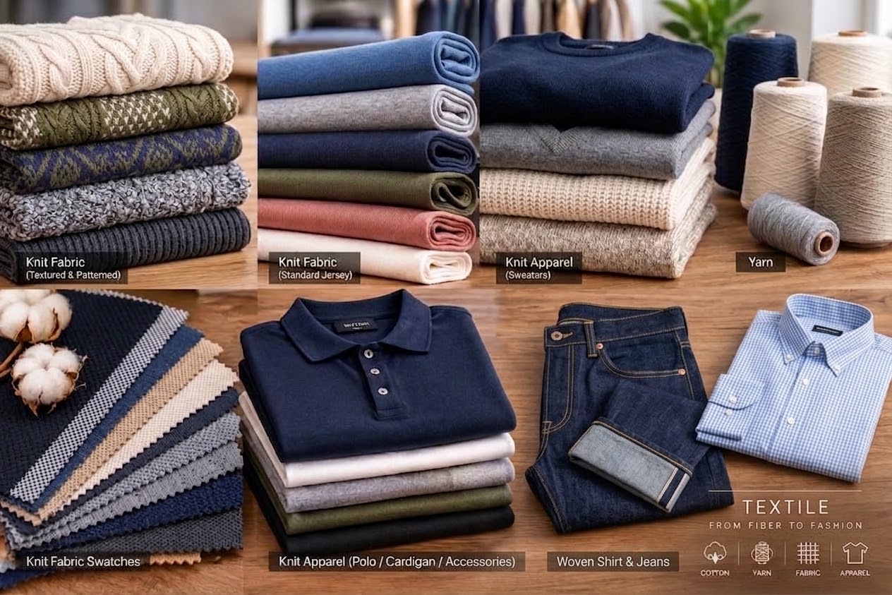 Collage of woven, knit, and denim fabric rolls, yarn cones, fabric swatches, and finished garments — from fiber to fashion